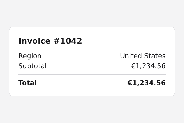 Invoice number 1042. Region: United States. Subtotal €1,234.56. Total €1,234.56.